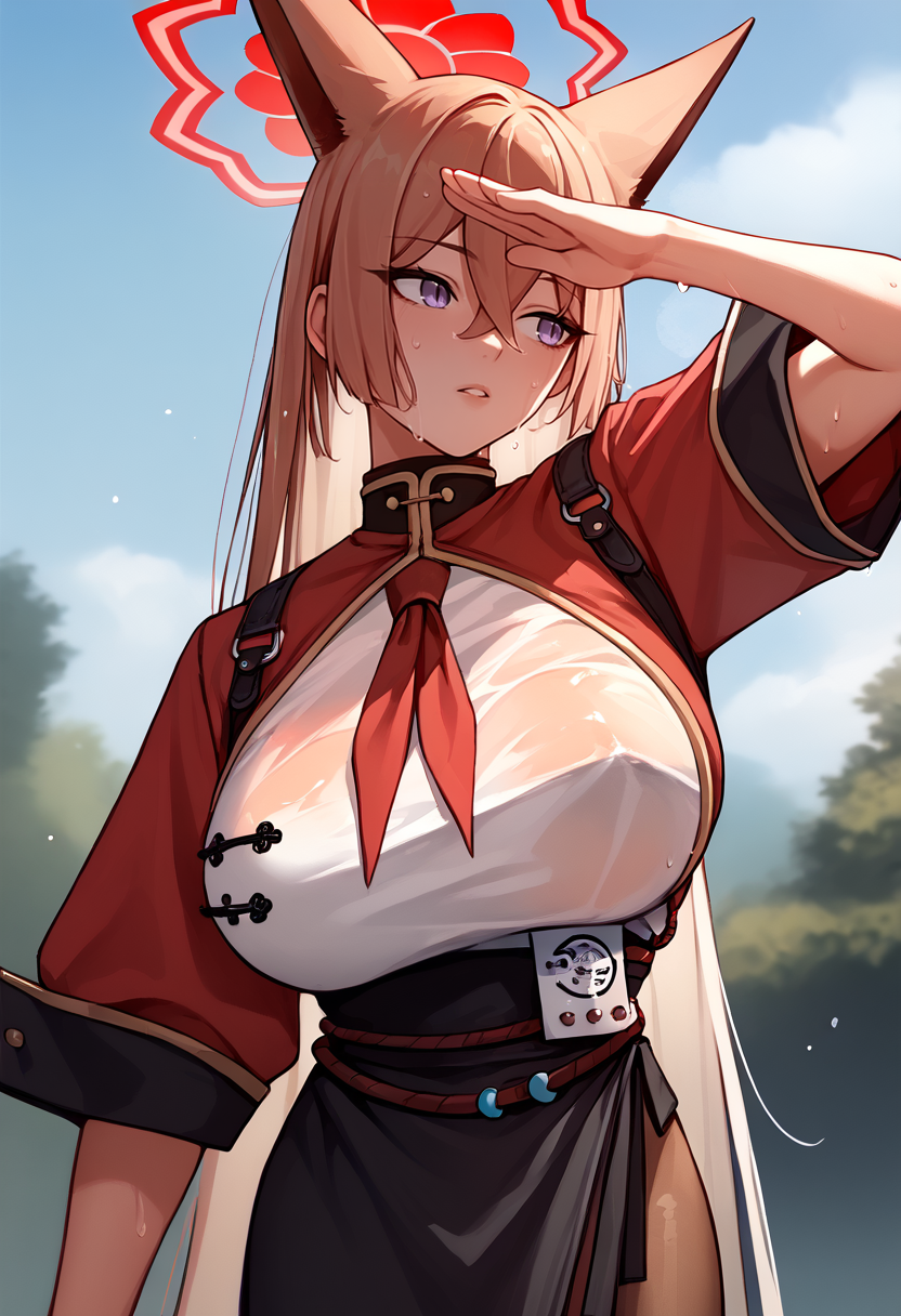 score_9, score_8_up, score_7_up, source_anime, solo, 1girl, rumi akeshiro, sweat, parted lips, looking away, salute, animal ears, red halo, chinese clothes, red jacket, short sleeves, white shirt, wet shirt, see-through shirt, red neckerchief, black skirt, side slit, rope belt, brown pantyhose, large breasts, outdoors <lora:ba_akeshirorumi_ponyXL:1>