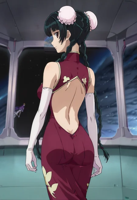 score_9,score_8_up,score_7_up,anime coloring BREAK source_anime,anime,<lora:Wang_Liu_Mei_Gundam_00_Pony:0.9>,liumei,1girl,solo,brown eyes,black hair,twin braids,hair bun,double bun,bun cover,china dress,backless outfit,elbow gloves,smile,standing,indoors,spacecraft,window,space,looking back,from behind,looking at viewer,