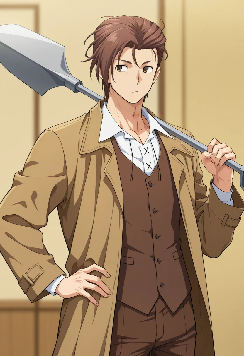 masterpiece, best quality, amazing quality,high resolution, intricate details,official style,depth of field,anime coloring,anime screencap , , , 1boy, solo, male focus, <lora:Lloyd_Frontera:0.80>, Lloyd frontera,brown eyes, brown hair,short hair, shirt, vest, coat, collared shirt, hand on own hip, over shoulder,white shirt,silver shovel, brown pants, brown coat