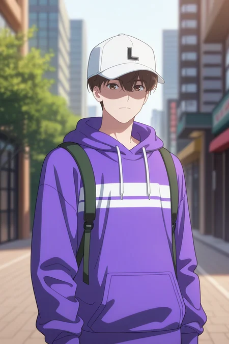 masterpiece, best quality, amazing quality, very aesthetic, high resolution, ultra-detailed, absurdres, newest, scenery, volumetric lighting, depth of field,anime screencap, , , 1boy, solo, male focus,  <lora:lee_joon:0.90>, lee joon,brown hair,brown eyes,short hair,bangs,hair between eyes,ooking at viewer, long sleeves, hat, closed mouth, upper body, outdoors, hood, bag, blurry, hoodie, blurry background, white headwear, hood down, backpack, shaded face, baseball cap, purple hoodie,city,day