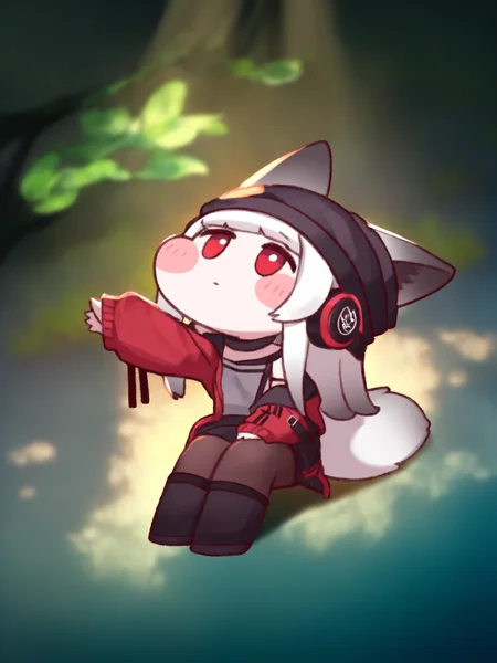 (trickcalcg, chibi:1.4), (blush stickers, blush), 1girl, frostleaf \(arknights\), arknights, animal ears, arm up, black footwear, boots, brown pantyhose, full body, headphones, jacket, knee boots, leaf, looking up, outstretched arm, pantyhose, plant, red eyes, red jacket, sitting, sleeves past wrists, solo, tail, tree, white hair sunlight, colorful, (best shadow:1.2100000000000002), golden hour lighting, (Depth of field:1.2100000000000002), beautiful detailed glow, fox ears, beanie, looking away, black headwear, fox tail, closed mouth, hat, very awaits \(style\), long sleeves,
(masterpiece, best quality, absurdres, highres, newest:1.2), very awa,