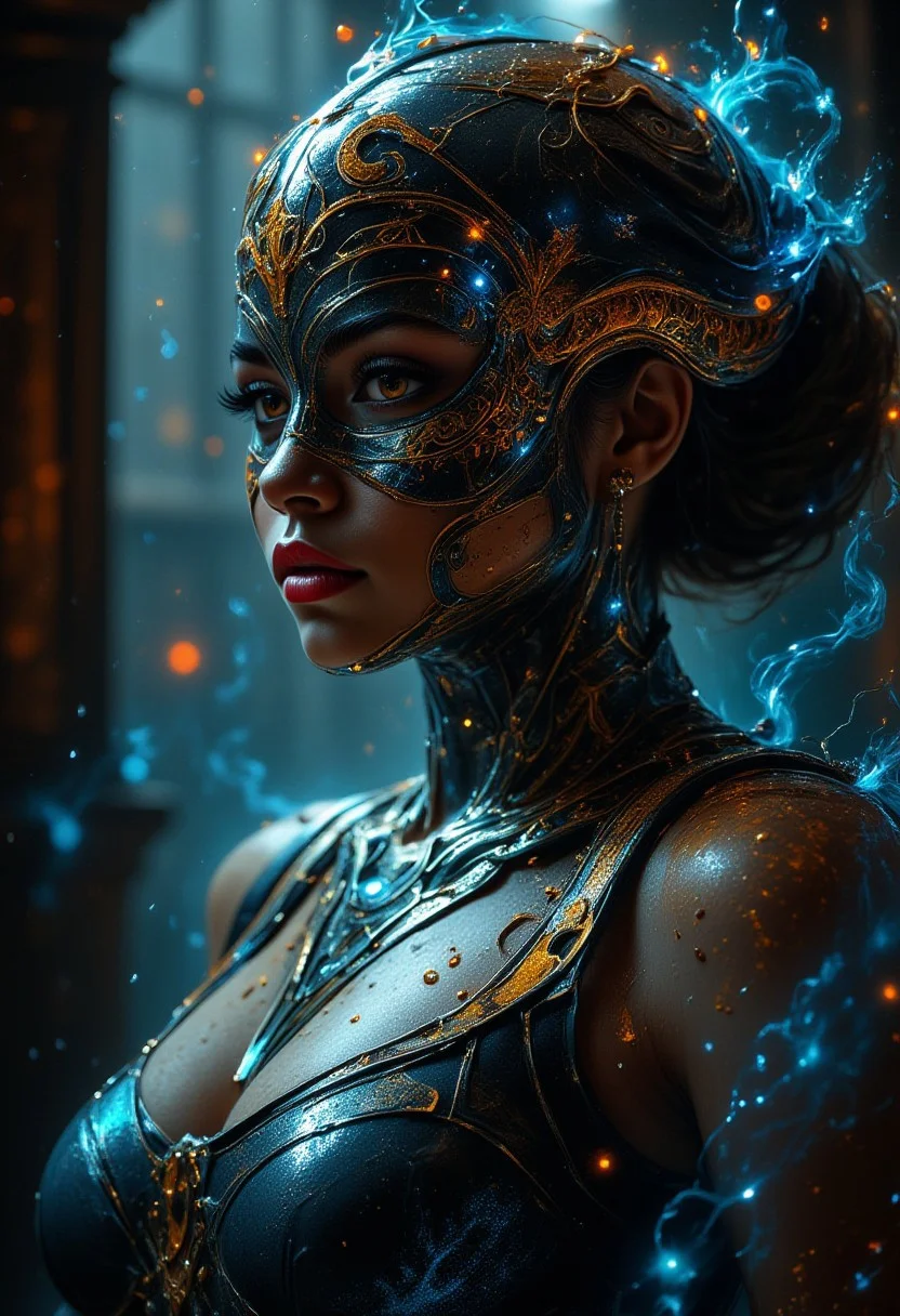 Cinematic style, realism, cinematic quality, Pastel,
A vibrant, futuristic form with smooth curves and a golden sheen that created an otherworldly atmosphere. The night was thick with rain, its rhythmic drumbeats in the tall windows of the old manor mingling with the low hum of jazz drifting through the room. She moved through the crowd like smoke, dark and elusive, in a shimmering dress that seemed to catch the light in all the right places. Her (((mask of delicate lace: 1.4))), clinging to her skin, revealed just enough to spark the imagination, but hid the most important parts: her eyes. Only her lips were open, painted a shade of red that seemed both dangerous and inviting, like a whispered secret. One that could kill a man. Simple yet captivating, the design caught the light reflections on its surface, adding depth and dimension. This digital work of art embodies modernity while simultaneously awakening curiosity about what lies beyond our consciousness.