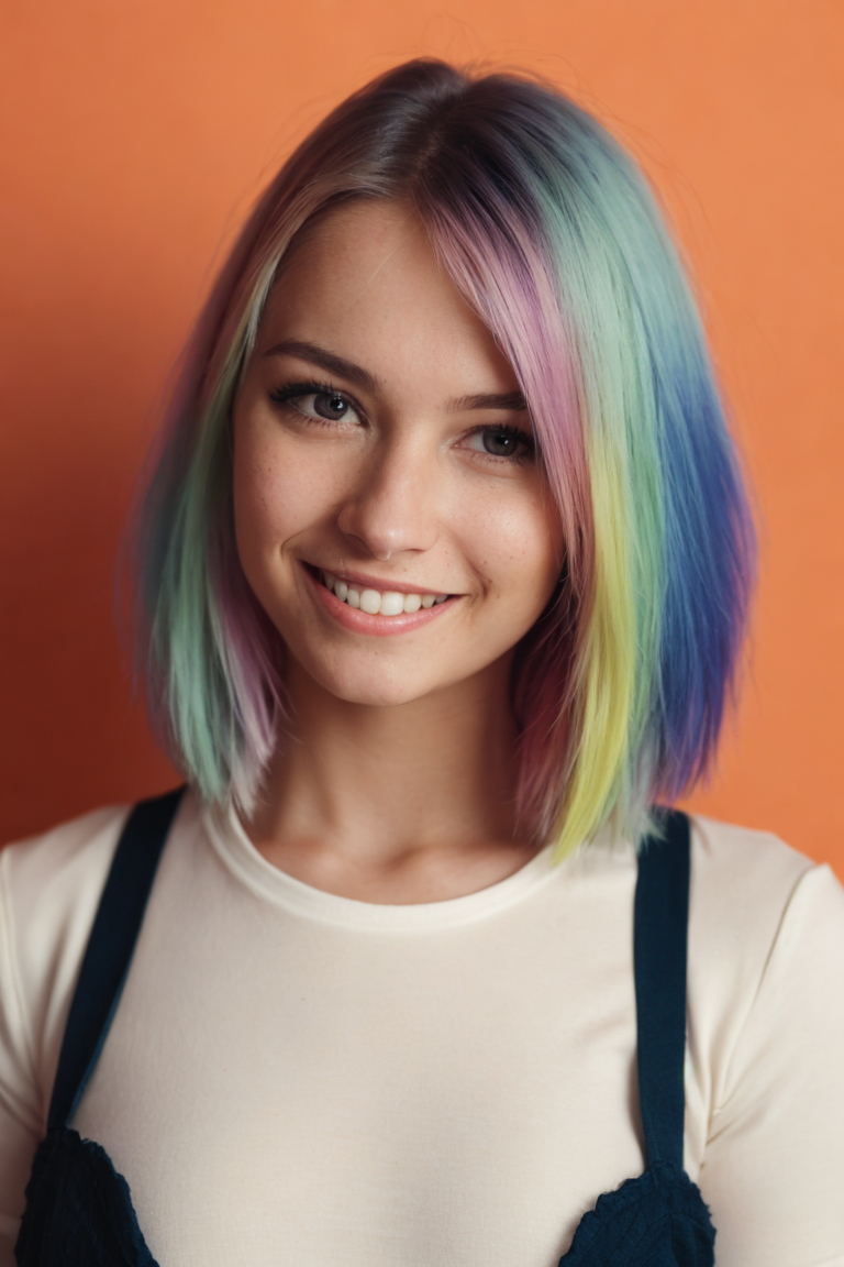 Film still, cinematic, flash photography, 2005 cute emo woman, smiling, scene girl, pastel hair, vibrant yellow background, sharp focus, detailed skin texture, detailed eyes,