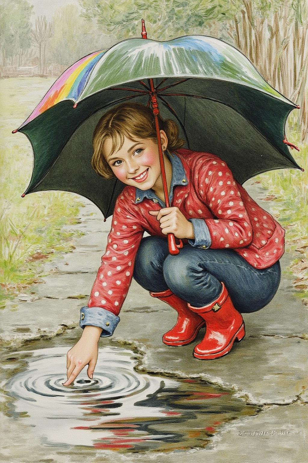 beatrixpotter1 illustration.
A young woman, angled from slightly above and to the right, crouching low to the ground in a puddle. The young woman is wearing bright red rubber boots and a red jacket with white polka dots. The jacket sleeves are pushed up to reveal blue cuffs. The young woman also wears dark blue jeans and has a smile on her face as she extends her right index finger to touch the water in the puddle. Above the young woman is a large, open umbrella with rainbow-colored panels and a red handle. The ground is wet and paved with grey stones, reflecting the sky and umbrella. The background is slightly blurred, showing hints of green grass and trees. The lighting is overcast and diffused, typical of a rainy day. <lora:beatrixpotter1_d8a4:1.0><lora:867024366485934458:0>