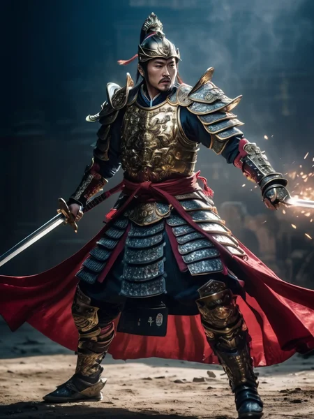 Linglong, dressed in magnificent armor and armed with six swords, fought fiercely with the enemy, light track photography, perspective drawing, 16k, hyper quality
