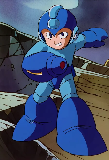 berserk, megaman, rockman, mega, rock, arm cannon, blue and cyan armor, helmet, classic, 1boy, kid, child, male, solo
