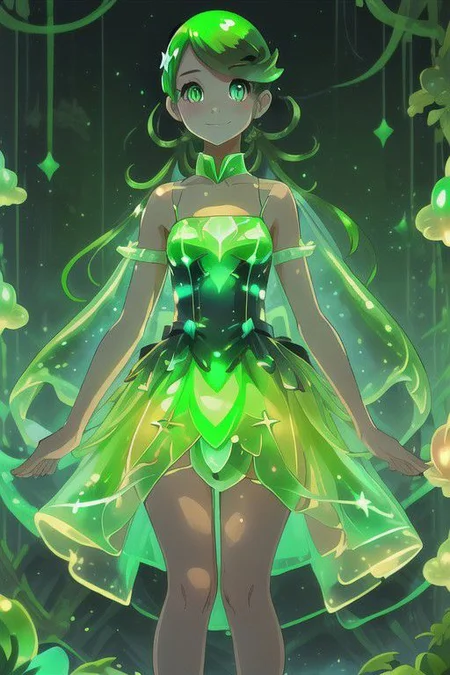 mallow, small smile, green bioluminescent dress, 1girl,