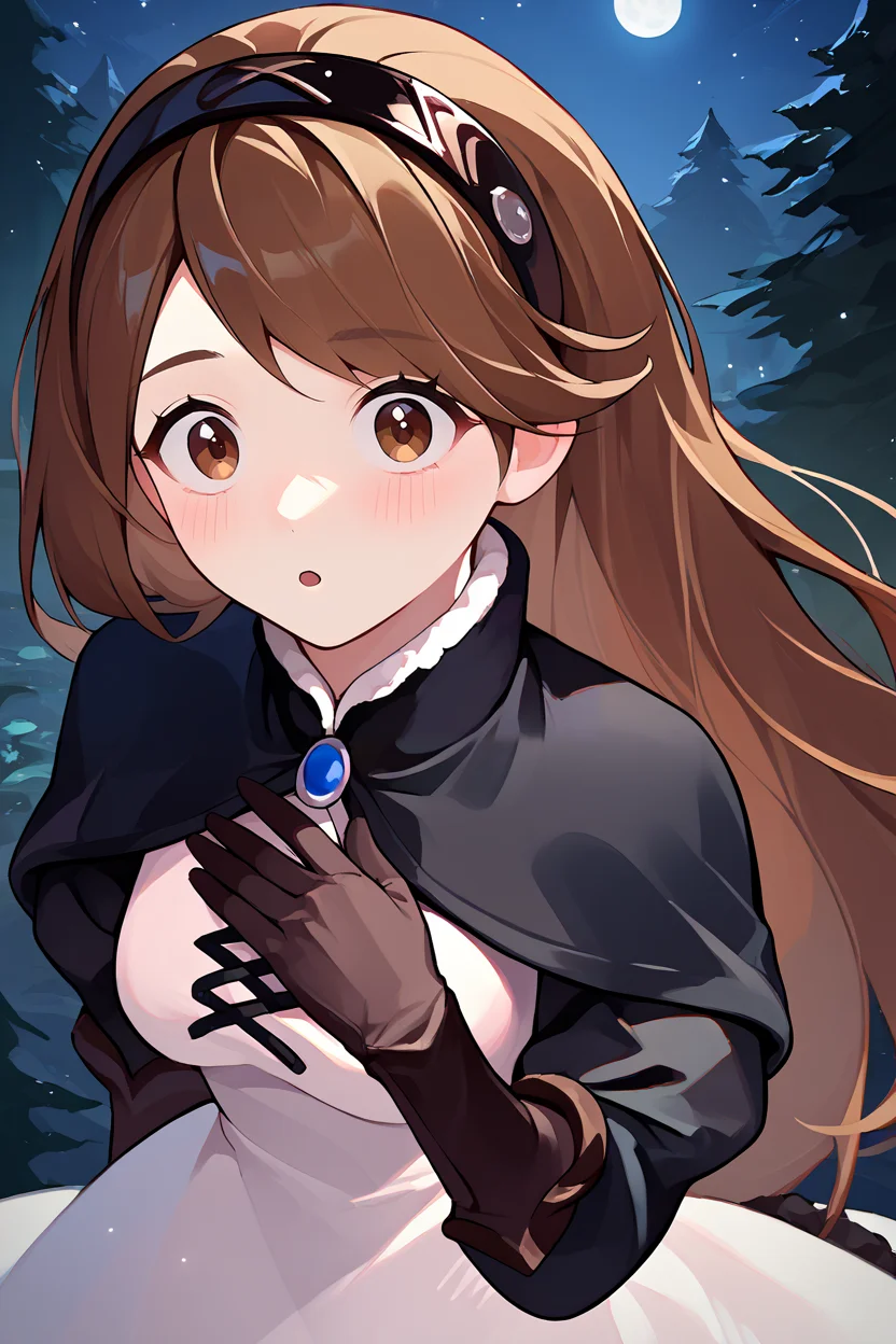 score_9, score_8_up, score_7_up, score_6_up, source_anime, BREAK 1girl, solo, <lora:agnesoblige-pdxl-nvwls-v1-000005:1> defagnes, brown hair, long hair, hairband, black capelet, white dress, cross-laced dress, black sleeves, black gloves, elbow gloves, brown eyes, wide-eyed, looking at you, hands to own chest, chestnut mouth, blush, upper body, from above, night, forest, medium breasts