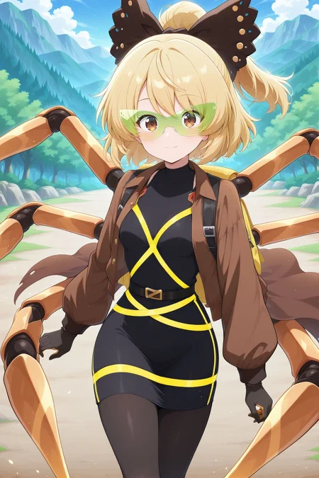 absurdres, highres, masterpiece, best quality, amazing quality, official anime artwork, screencap, anime screencap, outdoors, looking at viewer, light smile, dynamic pose, standing,
<lora:Yamame-Kurodani_Illustrious:1> kurodani yamame, 1girl, solo, brown eyes, blonde hair, long hair, ponytail, small breasts,, kurodani yamame \(envoy from the underworld\), alternate costume, hair bow, black bow, green-tinted eyewear, brown cape, brown jacket, open jacket, long sleeves, black bodysuit, black gloves, black skirt, pencil skirt, black pantyhose, yellow backpack, mechanical arms, arthropod limbs, multiple limbs, multiple arms,