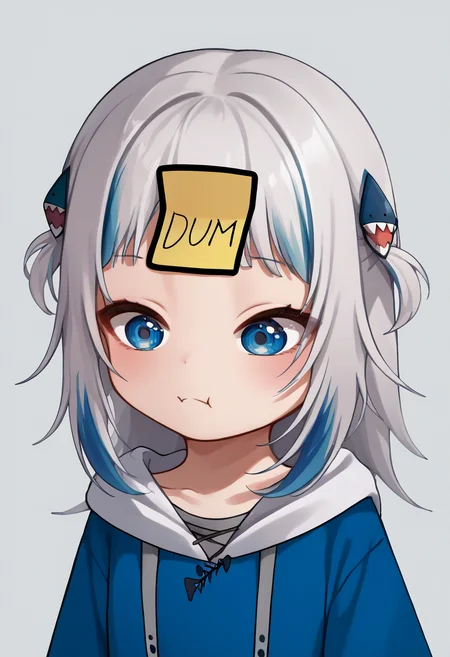 score_9, score_8_up, score_7_up, source_anime, 1girl, dumstickyNote, sticker, <lora:DumStickyNote_XLPD:1>, upper body, <lora:guraXL:0.8> gawr gura, blue hoodie, two side up, shark hair ornament, shark tail,