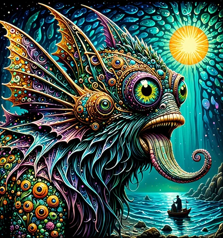 helios, famous artwork inspired by (james r. eads:1.2) and (justin sweet:1.2) and (wayne reynolds:1.2), detailed expressive eyes, fantasy style, the legendary grouchering "unusual schloppmugger", a majestic creature with huge fins on a flat and wide body, can be found on the oceanic thoggled world "flarnbold tertius" with its swallorfluxed klorftwizzles and teeming reefs, (covered in disgustingly beautiful bioluminescent glowing fruitshnorble:1.2), these enigmatic zorbified creatures (emit pulsing turquoise light:1.2) to hypnotize nearby marine life, (Use Dream Diffusion Secret Prompt) <lora:helios2:1>