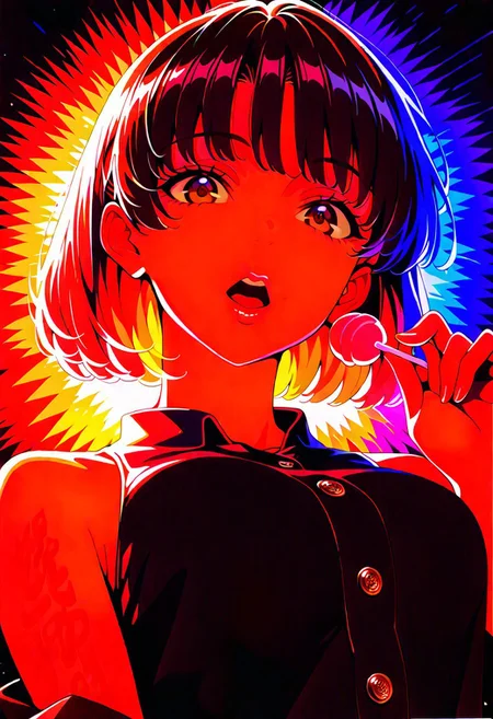 katou megumi, Megumi <lora:KatoMegumi:1>,brown hair,katou megumi,brown eyes, short hair , medium breasts, bare shoulders, number tattoo, teeth, lips, thin lips, narrow mouth, solo, looking at viewer, open mouth, holding lollipop, chupa chups, upper body, from below, back lighting, dark, multicolored background, colorful, masterpiece, best quality, very aesthetic