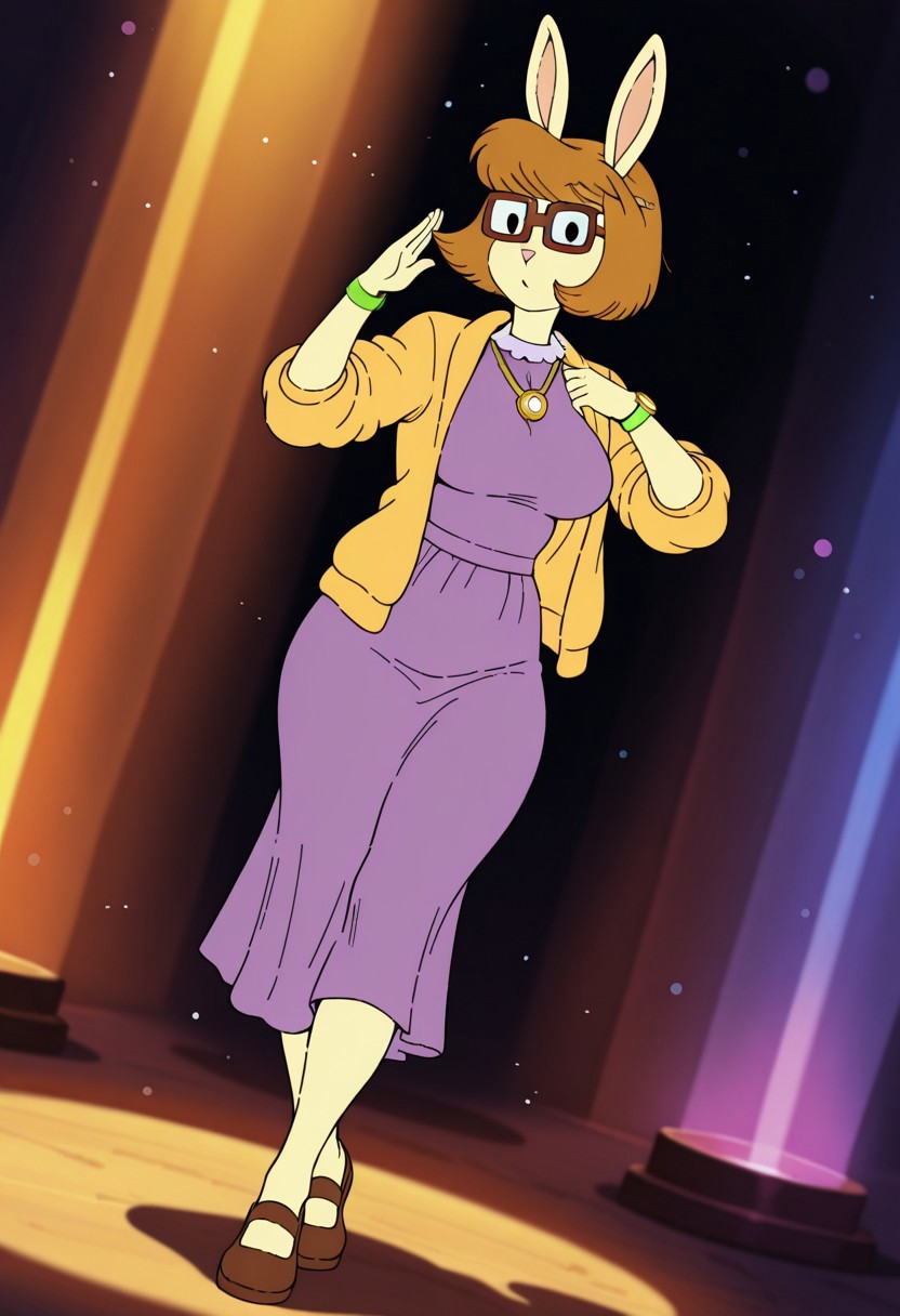 PaigeTurnerMS, 1girl, solo, furry female, anthro, short hair, brown hair, bob cut, bangs, rabbit ears, black eyes, brown square glasses, pink snout, pencil on her hair,  yellow jacket, gold necklace, white collar, purple dress, gold watch, bracelets, large breast, thick thighs, brown shoes,
,seductive pose, sexy pose, tease, 
masterpiece, best quality, fine details, intricate details, depth of field, subsurface scattering, bokeh,
 ultra-detailed, very aesthetic, detailed background, newest, scenery, highres, absurdres, colorful, vibrant, glowing, perfect face, 2d, perfect eyes,  vibrant saturated colors, volumetric lighting, sharp, detailed eyes, perfect anatomy,  perfect face, perfect eyes, mature body, clear eyes, beautiful eyes, athletic, curvy body, athletic girl, perky tits, perfect tits, round breasts, pinup pose, teasing, lustful expression, perfect hands, 
muscular female, dutch angle, 
,Smooth Negative, Smooth_Quality,