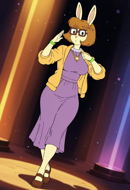 PaigeTurnerMS, 1girl, solo, furry female, anthro, short hair, brown hair, bob cut, bangs, rabbit ears, black eyes, brown square glasses, pink snout, pencil on her hair,  yellow jacket, gold necklace, white collar, purple dress, gold watch, bracelets, large breast, thick thighs, brown shoes,
,seductive pose, sexy pose, tease, 
masterpiece, best quality, fine details, intricate details, depth of field, subsurface scattering, bokeh,
 ultra-detailed, very aesthetic, detailed background, newest, scenery, highres, absurdres, colorful, vibrant, glowing, perfect face, 2d, perfect eyes,  vibrant saturated colors, volumetric lighting, sharp, detailed eyes, perfect anatomy,  perfect face, perfect eyes, mature body, clear eyes, beautiful eyes, athletic, curvy body, athletic girl, perky tits, perfect tits, round breasts, pinup pose, teasing, lustful expression, perfect hands, 
muscular female, dutch angle, 
,Smooth Negative, Smooth_Quality,