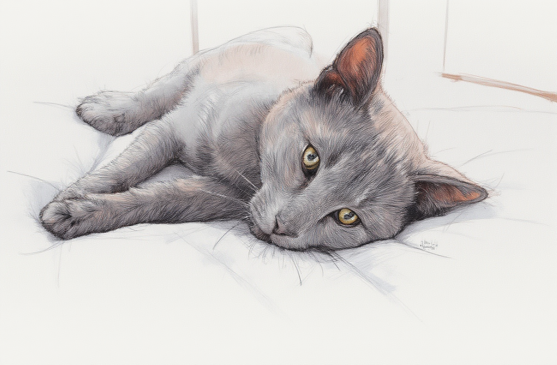 Sharp image of a rough sketch, rendered in vibrant multi colour ballpoint pen, capturing the adorable features of a close-up of a gray cat lying on a white bedspread. The cat is lying on its side with its head resting on its front paws and its body stretched out in front of it. Its eyes are bright and alert, and it appears to be looking directly at the camera. The background is blurred, but it seems to be a bedroom with a white wall and a wooden floor. The overall mood of the image is calm and relaxed.  p3nsk, <lora:p3nsk:1>
