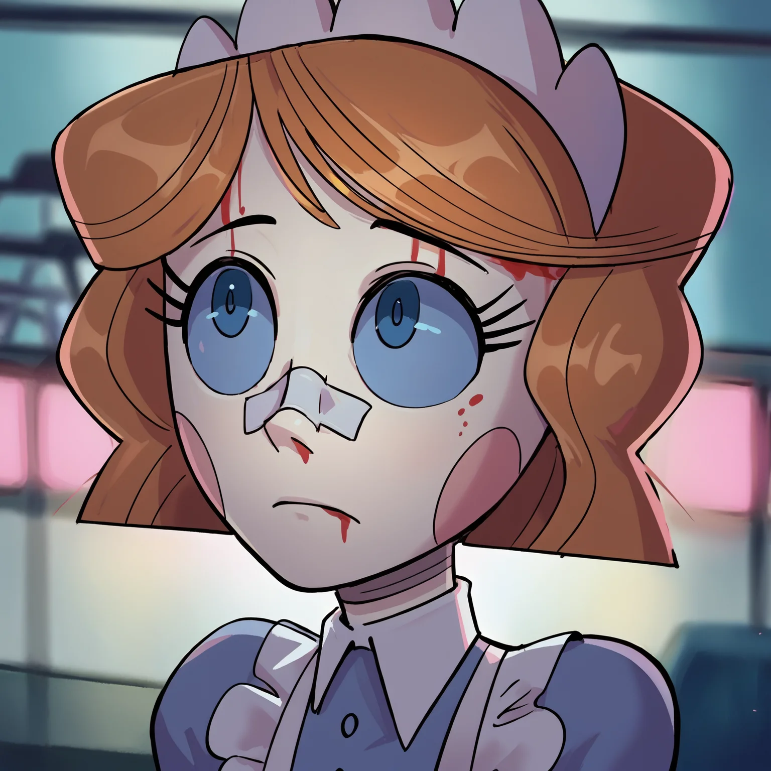 score_9_up,score_8_up,score_7_up,score_6_up,1girl,zPDXL3,<lora:Blade_Runner_Meme:1>,Blad3Runner,closed mouth,portrait,blood on face,bandaid on nose,bandaid on face,blurry background,(pink lighting:1.2),night,dark,<lora:Emmy_Emmy_the_Robot_commission:0.8>,emmytr,robot,brown hair,blue eyes,maid uniform,maid headdress,