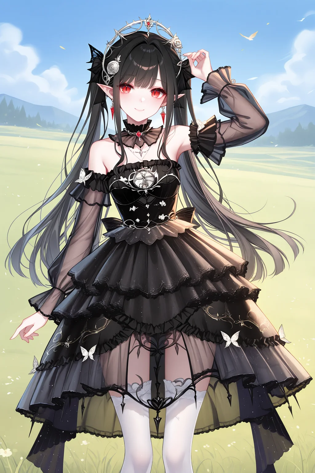 masterpiece,best quality,newest,absurdres,highres,soft shadows,year2024,mutou kurihito,[kimishima ao],[[[bison cangshu]]],[[[[[sheya]]]]],
1girl,<lora:AlengerXLNAI:1>,ailan,(messy hair:1.4),black hair,pointy ears,red eyes,long hair,slit pupils,smile,twintails,
<lora:wishfulaurosa2XLNAI:1.2>,wishful aurosa,dress,black dress,earrings,see-through sleeves,detached sleeves,strapless dress,dress flower,white thighhighs,print thighhighs,frilled dress,see-through dress,
outdoors:1.2,grasslands,dress tug,legs apart,arm up,arm at side,