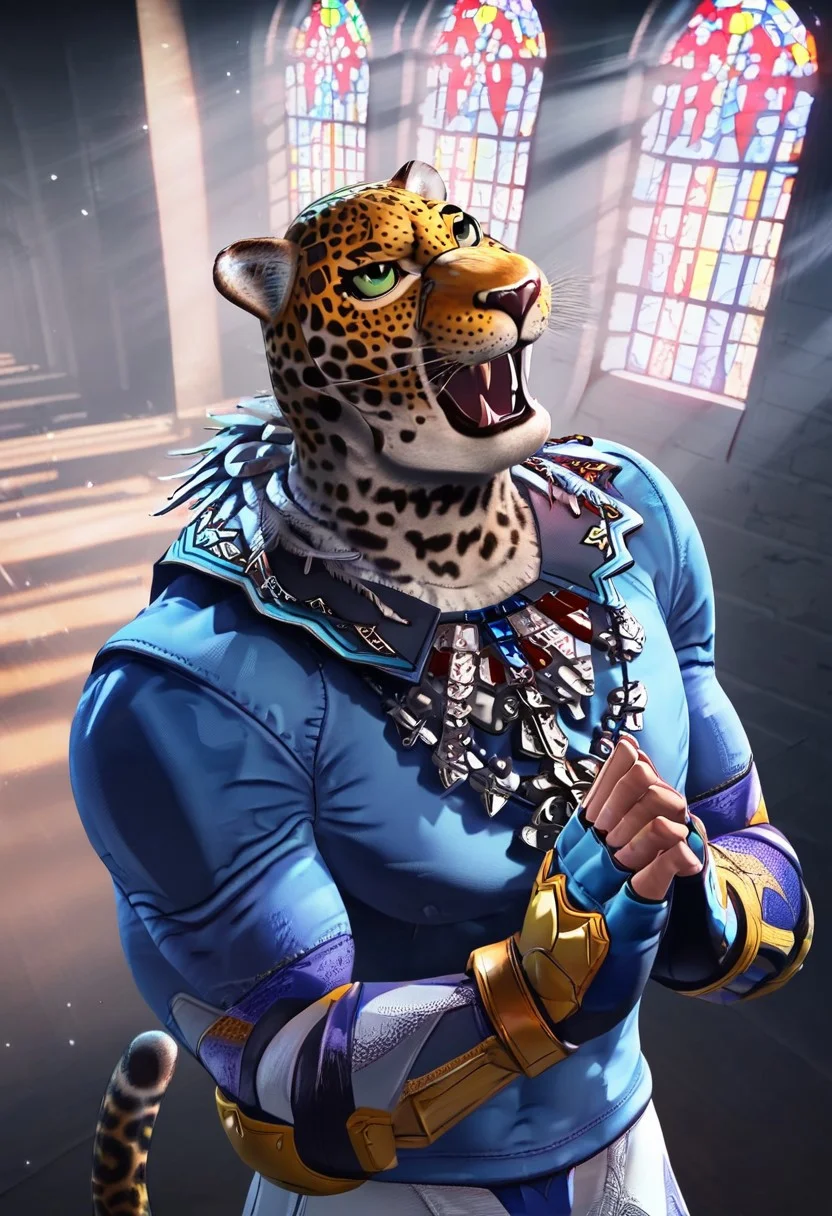 king_tekken, smooth anime image, man, jaguar mask, green eyes, wearing blue shirt, in church, necklace with small cross, rays of light, looking up at window, praying
