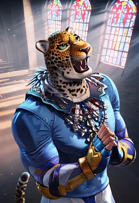 king_tekken, smooth anime image, man, jaguar mask, green eyes, wearing blue shirt, in church, necklace with small cross, rays of light, looking up at window, praying