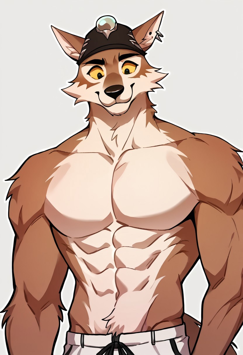 score_9, score_8_up, score_7_up, score_6_up, score_5_up, score_4_up, source_furry, hi res, anime, masterpiece, high quality, close up, simple background, dynamic angle, upper body, body fur, tail, topless male, ((((pectorals, large pectorals, biceps, thick arms)))), thighs, thick thighs)))), Wendell, Wolf, Brown Fur, Hat, Right-Ear-Piercing, Shorts, black eyes, no irises, yellow sclera, wide-eyed, happy, smile, perked ears, closed mouth, looking at viewer, anthro, male, hand up, arm behind back, from below