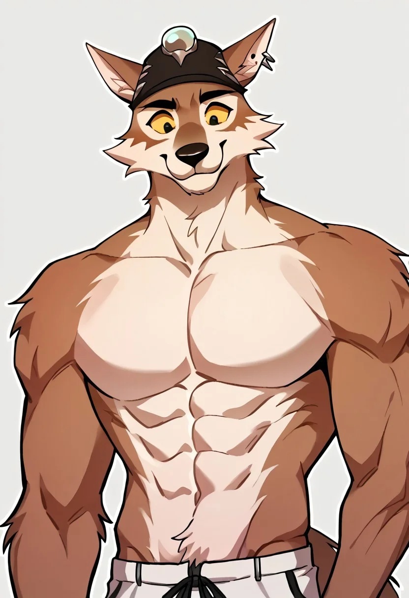 score_9, score_8_up, score_7_up, score_6_up, score_5_up, score_4_up, source_furry, hi res, anime, masterpiece, high quality, close up, simple background, dynamic angle, upper body, body fur, tail, topless male, ((((pectorals, large pectorals, biceps, thick arms)))), thighs, thick thighs)))), Wendell, Wolf, Brown Fur, Hat, Right-Ear-Piercing, Shorts, black eyes, no irises, yellow sclera, wide-eyed, happy, smile, perked ears, closed mouth, looking at viewer, anthro, male, hand up, arm behind back, from below