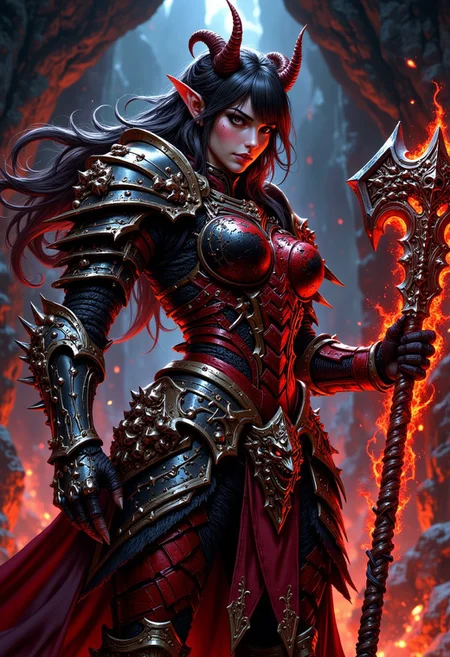 masterpiece, RPG Style, hyperrealistic oil painting, portrait of female demon knight in spiked, red and black plate armour, holding a glowing battleaxe with both hands, dark hair with red highlights, bangs, sidelocks, underground volcanic cave, great lighting, rule of thirds