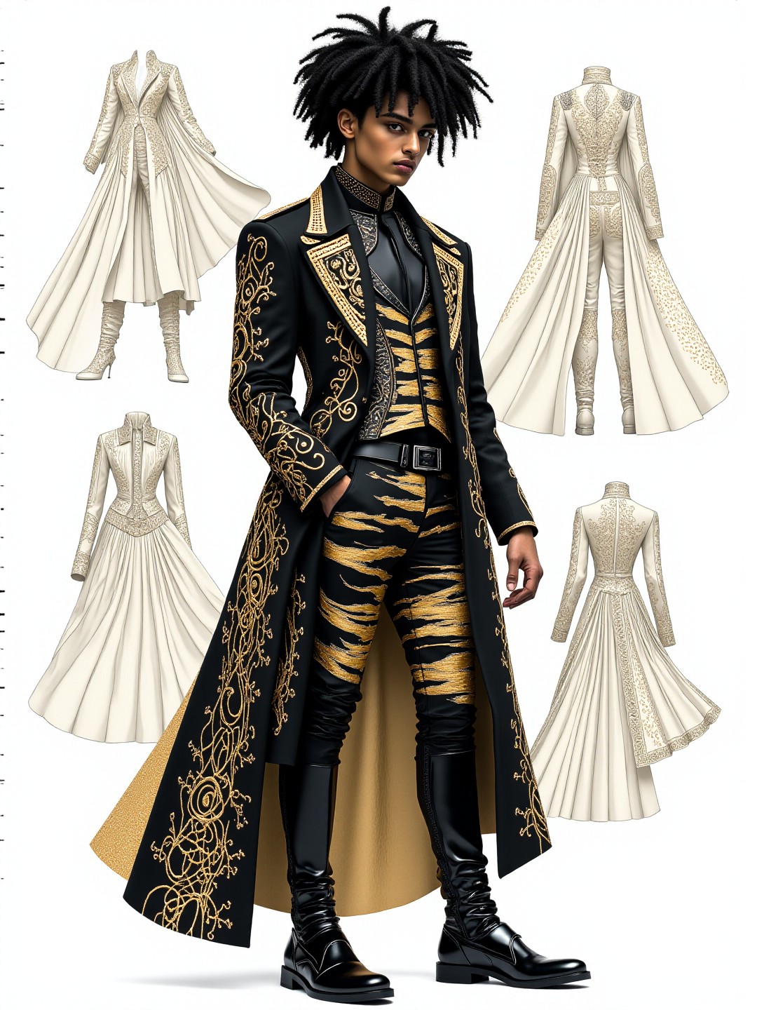 A minimalistic white-toned fashion shoot illustration depicting a Brazilian (male earth elemental:1.21) modelling a steampunk Ringmaster costume that utilises damask and chenille material. The clothing tightly hugs the person and is decorated with intricate black and copper reticulated designs. The overall feel of the image is dynamic and magical. Additionally, the backdrop shows comcept drawings of the clothing, rendered in fine flowing lines and appliqued goldleaf. The general effect is of timeless fine art elegance. <lora:midjourney_whisper_avant_couture_v01:1>