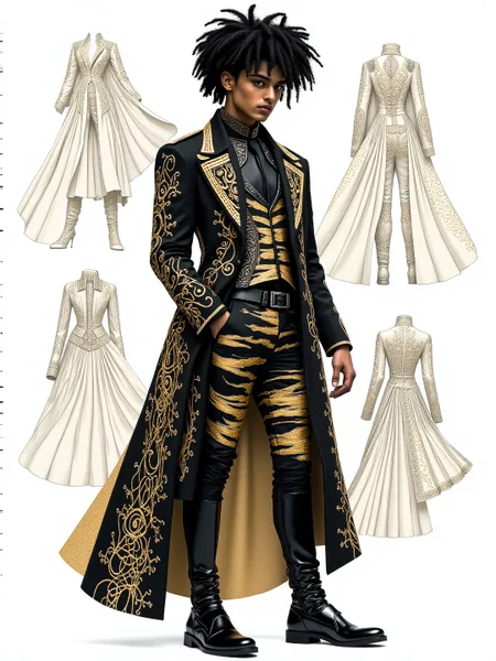 A minimalistic white-toned fashion shoot illustration depicting a Brazilian (male earth elemental:1.21) modelling a steampunk Ringmaster costume that utilises damask and chenille material. The clothing tightly hugs the person and is decorated with intricate black and copper reticulated designs. The overall feel of the image is dynamic and magical. Additionally, the backdrop shows comcept drawings of the clothing, rendered in fine flowing lines and appliqued goldleaf. The general effect is of timeless fine art elegance. <lora:midjourney_whisper_avant_couture_v01:1>