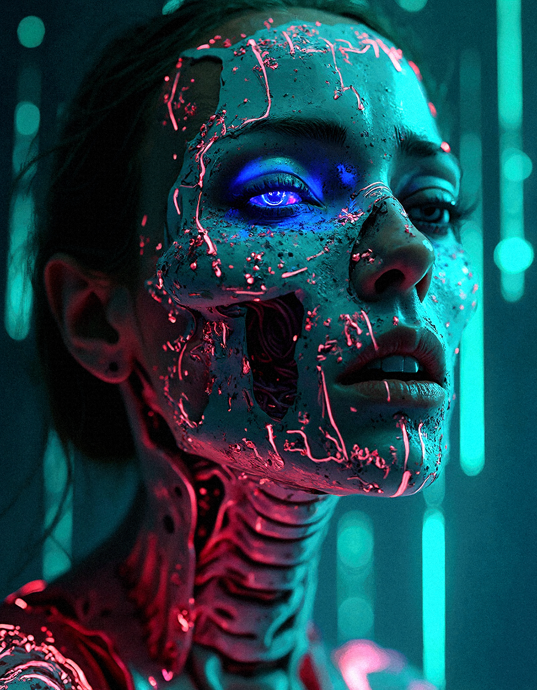 an ultra realistic depiction close-up of a woman’s face, adorned with a terrifying skeletal mask dripping with oil and blood. The mask, fused to her skin, is laced with neon circuitry that glows in electric blue and magenta. The circuitry appears to be part of her anatomy, snaking down her neck and disappearing into her flesh, as if it’s pumping digital energy into her being. Her intense gaze, highlighted by a glowing blue eye, contrasts with the dark, synthetic hues of her surroundings. The background is a cacophony of neon lines and digital symbols, suggesting an advanced cybernetic network that envelops her, reflecting her connection to the matrix.








