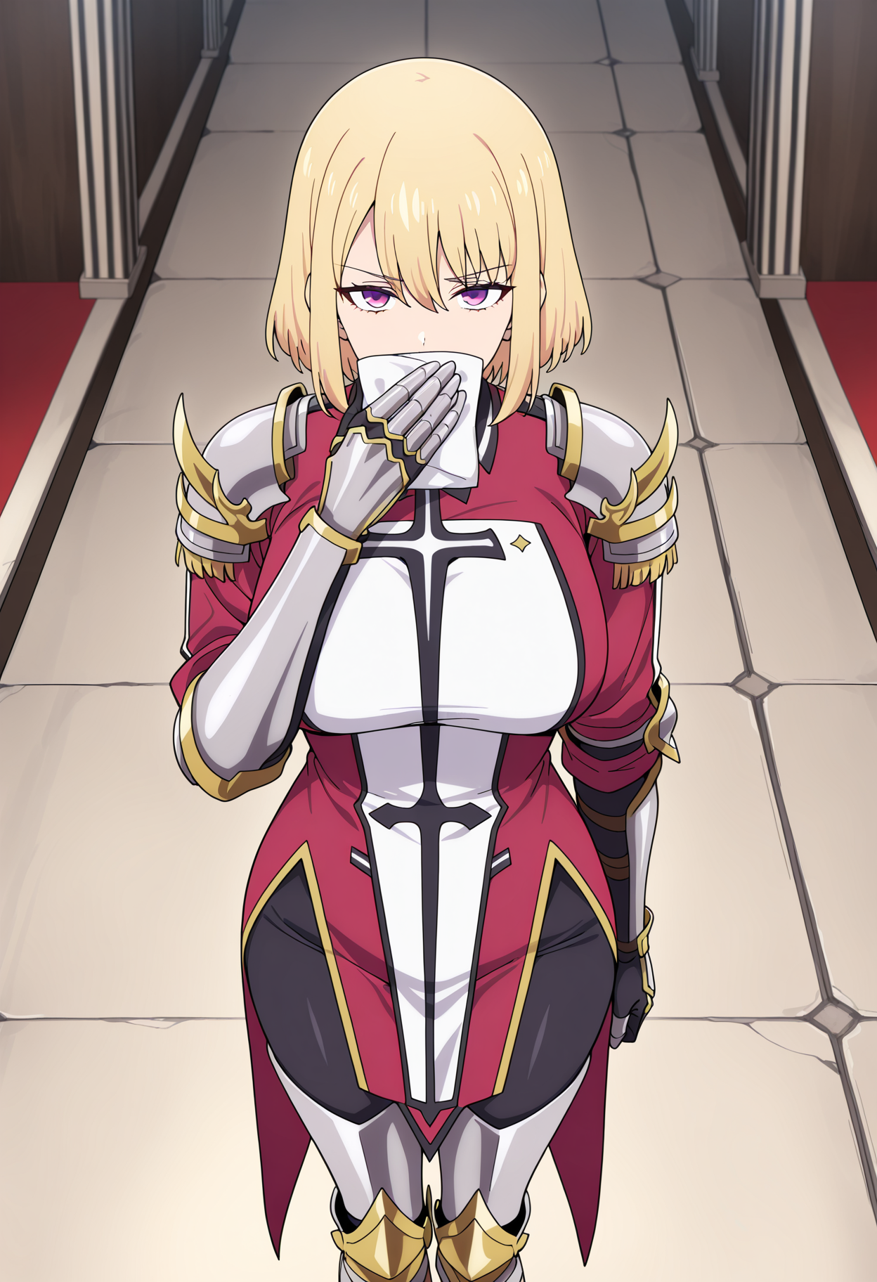 masterpiece, best quality, high resolution, source_anime, highly detailed illustration, detailed eyes,
very aesthetic, absurdres, newest, amazing quality,
1girl, solo, 
<lora:shiChaeHaeInV1ill:1>, shichaesniff, covering own mouth, holding, holding napkin, short hair, blonde hair, hair between eyes, bangs, sidelocks, purple eyes,  
large breasts,
armor, gauntlets, shoulder armor, epaulettes, pauldrons,   armored boots, pauldrons, sheathed, greaves, knight, surcoat,
looking at viewer, smirk, smug,
