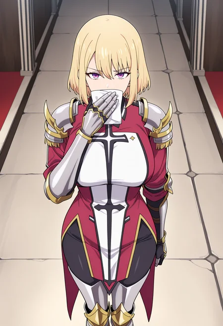 masterpiece, best quality, high resolution, source_anime, highly detailed illustration, detailed eyes,
very aesthetic, absurdres, newest, amazing quality,
1girl, solo,
<lora:shiChaeHaeInV1ill:1>, shichaesniff, covering own mouth, holding, holding napkin, short hair, blonde hair, hair between eyes, bangs, sidelocks, purple eyes,
large breasts,
armor, gauntlets, shoulder armor, epaulettes, pauldrons, armored boots, pauldrons, sheathed, greaves, knight, surcoat,
looking at viewer, smirk, smug,