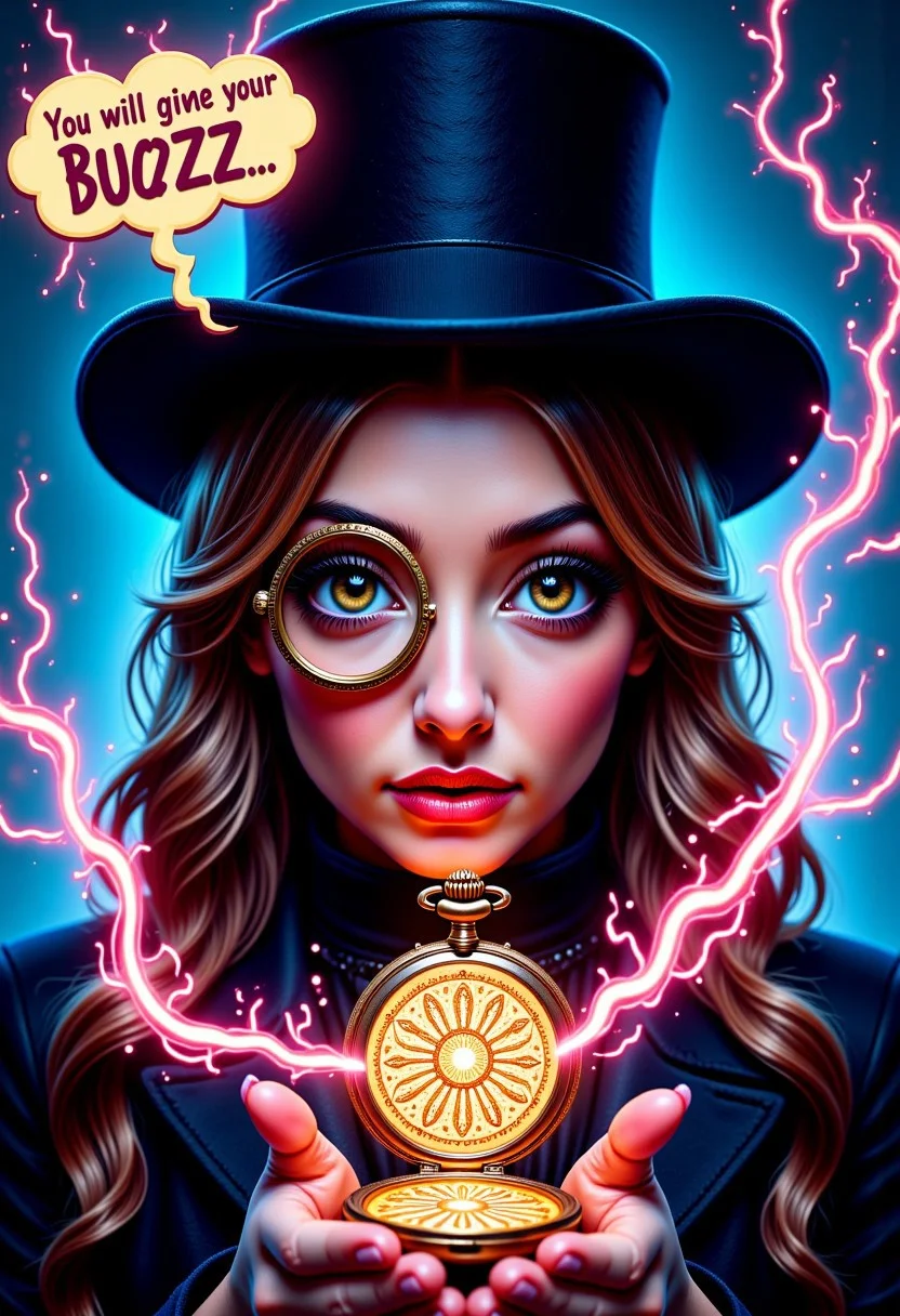 A photo of female hypnotist, wearing a top hat, wearing a monocle, eye magnified, holding a pocket watch, it sways hypnotically, motion lines of watch moving, hypnotic pattern on watch glass, glass, intricate light, intricate artwork, masterpiece, trending on artstation, highly detailed. watch is metallic. mtlartCE_style. aidmatextimprover. Text bubble comes out of hypnotist that reads "You will give me your BUZZ..." electric plasma flows around edges of frame, colorful