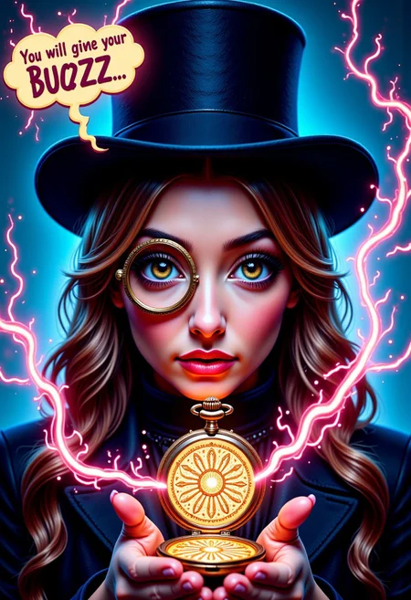 A photo of female hypnotist, wearing a top hat, wearing a monocle, eye magnified, holding a pocket watch, it sways hypnotically, motion lines of watch moving, hypnotic pattern on watch glass, glass, intricate light, intricate artwork, masterpiece, trending on artstation, highly detailed. watch is metallic. mtlartCE_style. aidmatextimprover. Text bubble comes out of hypnotist that reads "You will give me your BUZZ..." electric plasma flows around edges of frame, colorful