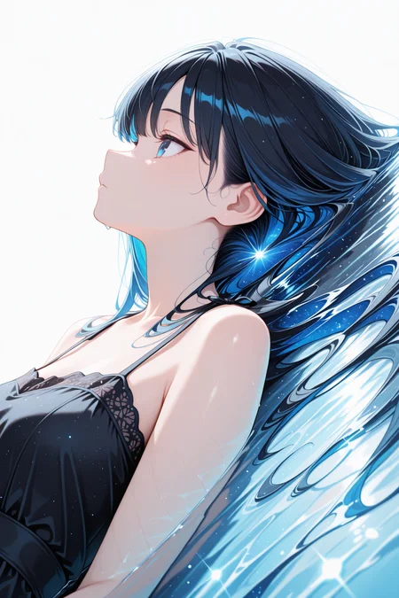 lazympos, 1girl, long hair, solo, blue eyes, lying, dress, on back, black dress, white background, black hair, blue hair, simple background, star \(sky\), water, profile, upper body, sleeveless, bangs, from side