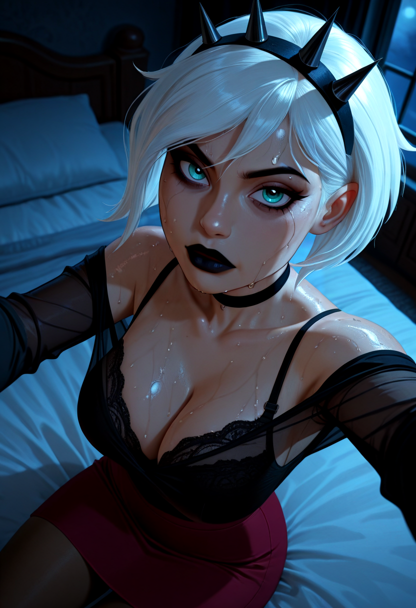 charmcasterRB, 1girl, spiked hairband, solo, white hair, black lips, black choker, short hair, aqua eyes, goth fashion, makeup, black shirt, red skirt, pantyhose, mature female, milf, large breasts, cleavage, bra peak, taking selfie, from above, tight see through shirt, off shoulder, Sweaty skin, Toned body, Highlights in hair, Detailed lustful eyes, bedroom, sitting, mouth slightly open, close up, at night, night, moonlight, shadows, dark, looking at viewer,cinematic, detailed, masterpiece,best quality,amazing quality,