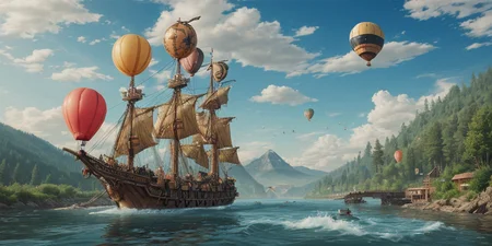 a steampunk ship is travelling in the sky with balloons (not in the water), clouds at blue sky,  rivers, moutains with grass and forests are in the ground