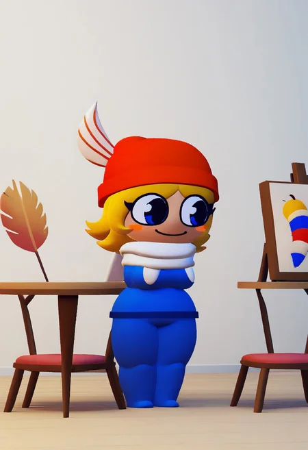 score_9,score_8_up,score_7_up, score_6_up, source_cartoon, cghonk BREAK, Bambisona style, 3d, 3d art, beautiful, masterpiece, (cartoon), round head, bright colors, 1girl, cylinder legs, light-skinned, light skin female, red beanie, beanie, scarf, red stripped scarf, white scarf, hat, red hat, feather hat, golden feather, blue shirt, blue pants, beanie, blue eyes, full body, short hair, tied hair, blonde, feather on hat, chibi, large eyes, big boobs, boobs apart, blush stickers, smiling, short female, cowboy shot, white room, white floor, white walls, paintings on walls, chairs, table, shortstack