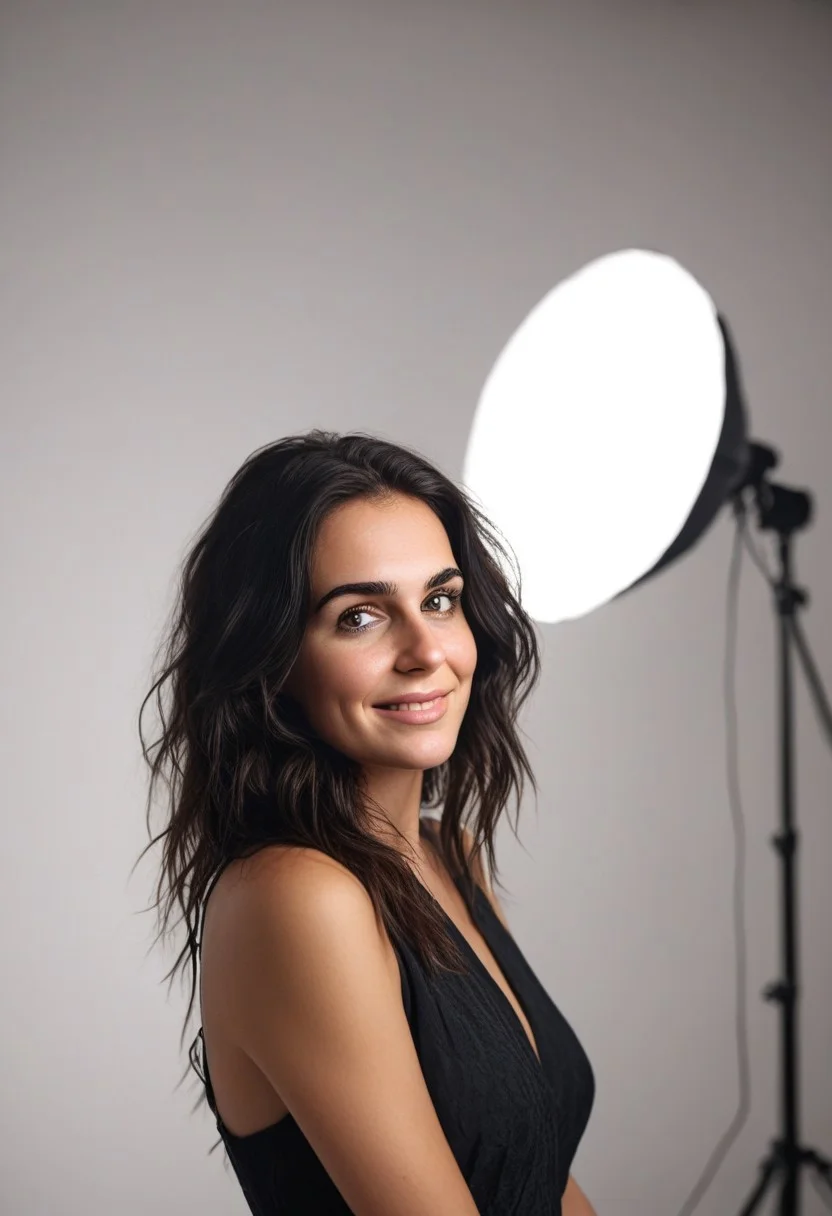 30yo american woman in a photostudio
Modeling High cut, high Quality Dress.
Slight makeup, heavy rimmel. Clear skin.  realistic skin style
Black dark Long messy stylish hair. 
Shooting light, indors, cable light
Studio background.
Smiling, with mouth closed. Smirk.
Bokeh. Heavy Bokeh light.
Tilt head, hand on hair. Shy.