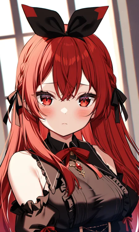 1girl, sensitive, solo, long hair, breasts, looking at viewer, blush, red eyes, dress, ribbon, closed mouth, bare shoulders, upper body, braid, hair ribbon, red hair, frills, detached sleeves, virtual youtuber, black dress, black ribbon