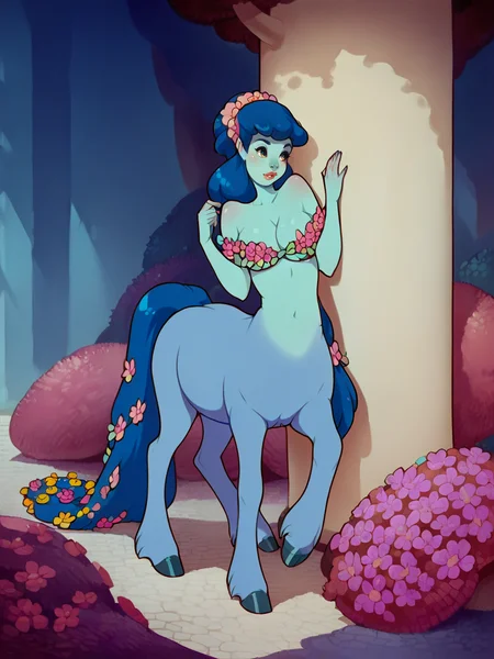 score_9, score_8_up, score_7_up, score_6_up, score_5_up, <lora:centaurFXLP:1> centaur, centaurf, monster girl, flower, long hair, blue hair, solo, full body, large breasts,