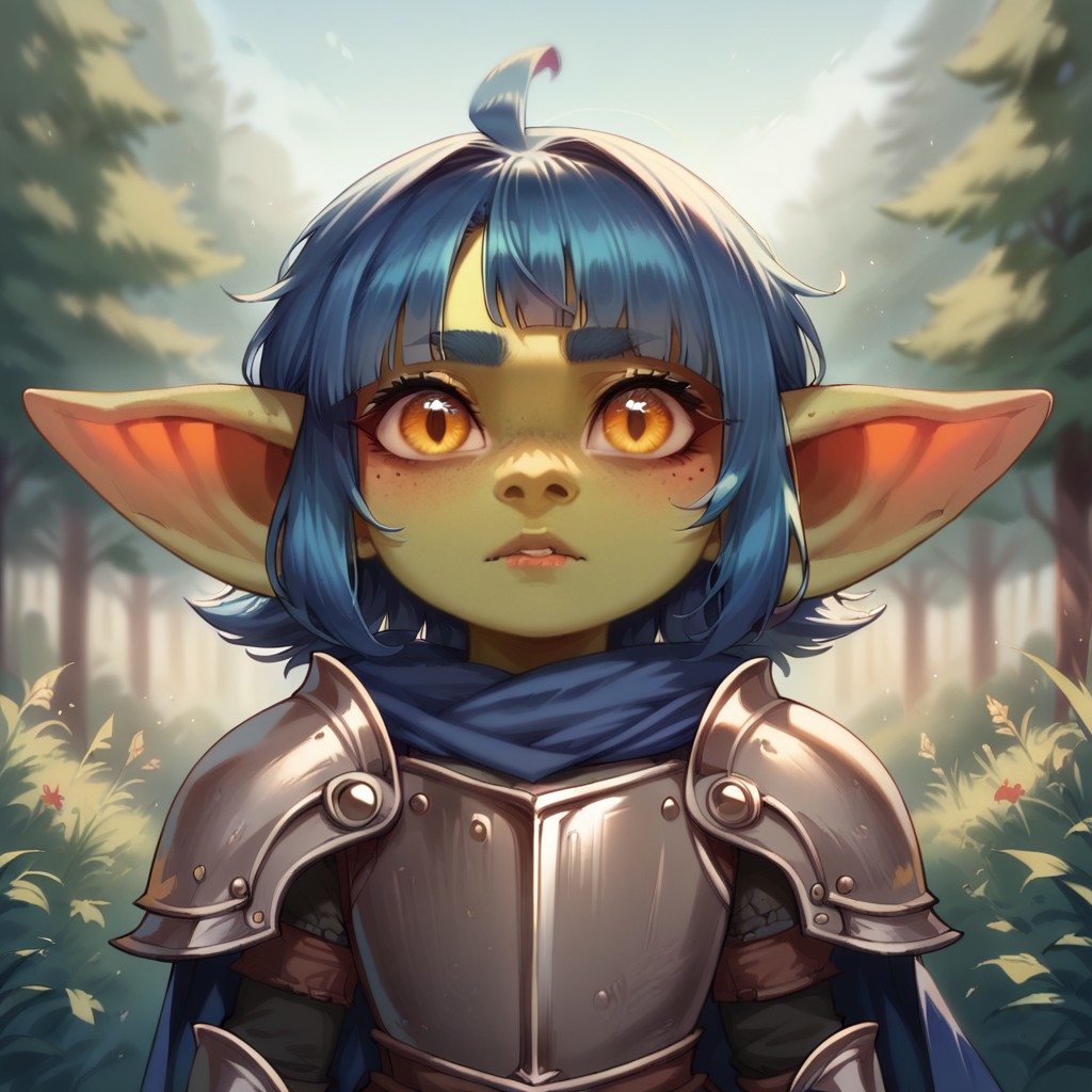 (((detailed, beautiful, high quality))), score_9, score_8_up, score_7_up, solo, 
1girl, female focus, dndg0blin, g0b armor, g0b cape, shortstack,
blurred background, fantasy background,