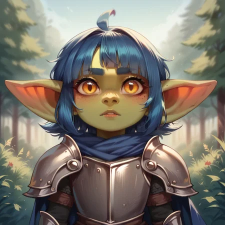 (((detailed, beautiful, high quality))), score_9, score_8_up, score_7_up, solo,
1girl, female focus, dndg0blin, g0b armor, g0b cape, shortstack,
blurred background, fantasy background,