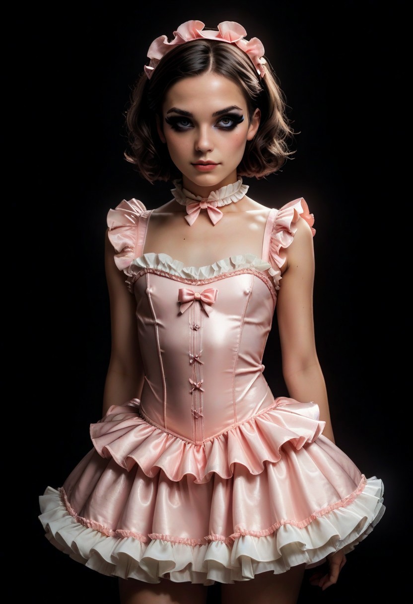 score_9, score_8_up, score_7_up, rating_safe, concept art, realistic, dark theme, low light. 
1boy, Sissy, Femboy. Solo. Proportion body.
Flat chest, Sexy makeup. 
Young face, Sexy face, Cute face.
((Frilly dress))