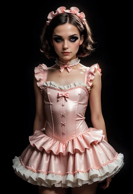 score_9, score_8_up, score_7_up, rating_safe, concept art, realistic, dark theme, low light.
1boy, Sissy, Femboy. Solo. Proportion body.
Flat chest, Sexy makeup.
Young face, Sexy face, Cute face.
((Frilly dress))