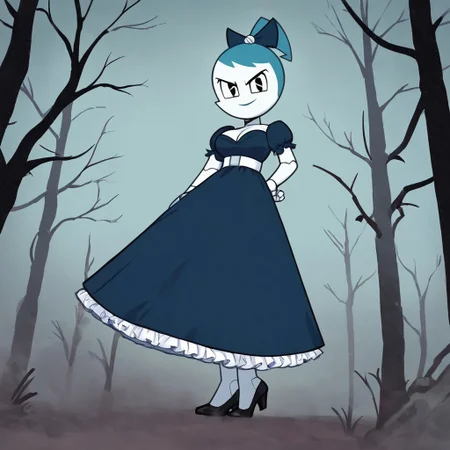 (Masterpiece, best quality:1.2), score_9, score_8_up, flat color, flat shading, soft shading, lighting, Jenny Wakeman as an adult, (((in a 1950's full length formal dark blue dress, a white belt, a fluffy frilly ruffled full white petticoat, and black high heels))), dress, layered petticoat, frilly petticoat, fluffy petticoat, full petticoat, detailed petticoat, wide skirt, detailed outfit, flowing skirt, (((long skirt))), (((solid dark blue colored dress, black high heels))), blue hair, series accurate, cute, best high quality, high res, robot, humanoid robot, (((giant breasts, cleavage))), whole body shot, 1girl, (((solo, outside, in a dark creepy forest, at night, heavy fog surrounding her, fog, heavy fog, looking at you, low angle))), (((evil, evil smile, determined evil eyes, posing gracefully and evilly))), low angle shot, cartoon, cartoon style, vector, solo, circle dress, 1950s, dance dress jenny, jenny wakeman, 1girl, solo, robot joints, black eyes, white skin, ponytail, hair bow, blue rose chest corsage, poofy dress, blue hair, flat lighting,
