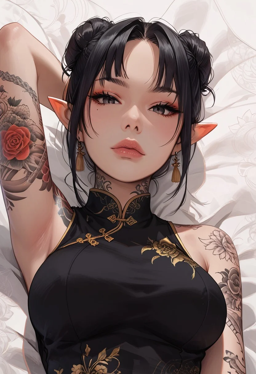 score_9, score_8_up, score_7_up, high detailed, high quality, masterpiece, no text, quality highlights, 8k detail, detailed background, source_anime, dynamic view, hentai, ultra-detailed, nsfw, Big boobs
...
1girl, solo, female focus, expressiveh, (young),
(black hair), (black eyes), (medium hair), ((high bun))
(perfect slender body), (pointy ears),
large breasts,
closed mouth, thick lips, bangs,
(incredibly sexy), sexy pose, pose, ((tattoos)),
...
(((black Qipao))), laying, ((on back)), below view,
eyes wide, looking at viewer,
hips, together knees, (hands behind head),
...
((white flat background))