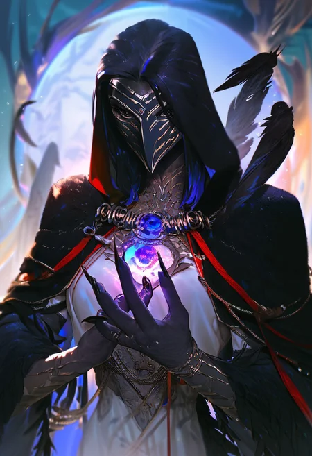 (score_9, score_8_up, score_7_up), rdj, A tall, willowy figure with skin that looks like polished marble, streaked with veins of glowing amethyst. Her face is half-covered by a mask shaped like a raven’s beak, with feathers growing from the sides of her head. Her limbs are elongated and graceful, with fingers that end in sharp, talon-like nails. She wears a cloak made of black feathers that rustle and move as though they have a life of their own.