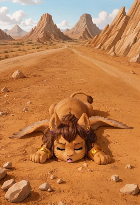 full body, ((solo)), furry, fluffy, fluffy fur, perfect eyes, zPDXL3, ((action_pose:1.5)), sfw,
cute female furry feral chibi m4gp1e, sleeping, (lying on back):1.5, books, open mouth, fang, drooling, closed eyes, rocks, source_furry, m4gp1e, sphinx, feral, jewelry, bracelets, wings,
(((outside desert mountain))),
(high detailed face), (high art quality), (high detailed), 4k, (high resolution), (8k resolution), masterpiece, best quality, ((scenery)), detailed background
