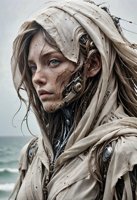 Super Closeup Portrait, Create a neon-pastel description capturing the essence of a freckled cyborg woman in a close-up photograph, featuring real human blue-gray eyes with an intense gaze. The subject has long flowing hair, draped in a ghostly linen cloak billowing in the wind. The face is a striking fusion of half-cyborg with intricately crafted gold elements and half-human skin, creating a mesmerizing and enigmatic presence. standing at the ocean in bright sunlight, ethereal, sunray,