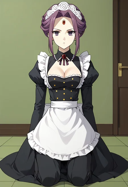 Mirellia hypnotized to be a maid,
score_9, anime, lewd, 1girl, smooth,
mind control, hypnotized, expressionless, empty eyes, blank eyes, glowing forehead gem,
kneeling on floor, offering up tray, female focus, (empty throne), side view,
QueenMirellia, tied hair, purple hair, purple eyes, cleavage, thighs,